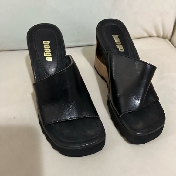 Bongo Vintage Women’s Black Leather Cut Out Wooden Heeled Wedge Shoe Size 6 - Picture 2 of 11